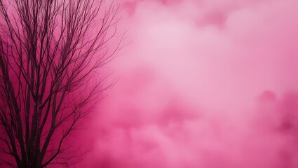 Pink clouds frame a leafless tree with stark branches in a moody landscape. Suitable for nature, weather, or dramatic concepts