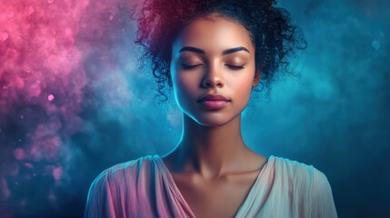 Serene Young Woman with Closed Eyes in Colorful Atmosphere