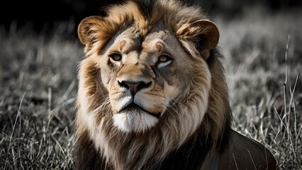 Majestic Lion Portrait in Monochromatic Savanna