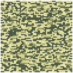 Digital seamless pixel camouflage pattern in shades of green and beige,  A square-patterned military camouflage background, showcasing a blend of green and brown hues.