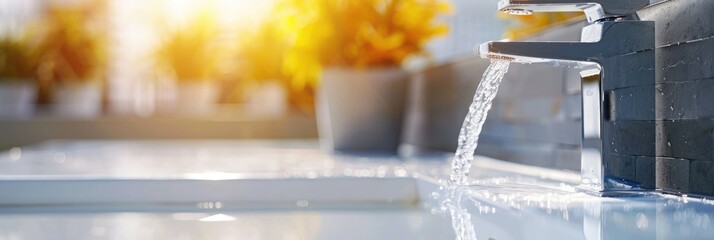 Water flowing from a modern faucet in a bathroom, a closeup view with copy space on the right side, a banner design, blurred background