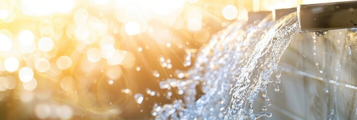 Water flowing from a modern faucet in a bathroom, a closeup view with copy space on the right side, a banner design, blurred background