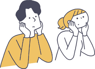 頬杖をついている若い男女線画