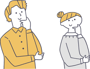 考えるポーズをしている若い男女線画バラ