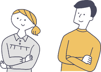 腕組みをする笑顔の男女線画バラ