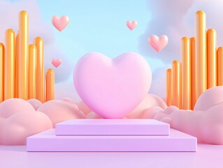 Romantic Heart Shape Display with Colorful Background and Soft Clouds in Pastel Colors