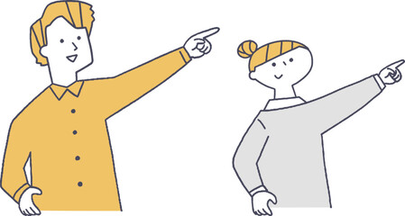 上を指差す若い男女線画バラ