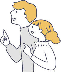 指を指して見上げる若い男女線画