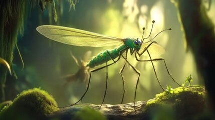 Naklejka premium Tropical rainforest scene featuring a mosquito in the foreground, showcasing the intricate balance and biodiversity of life in a lush, vibrant ecosystem.