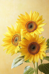 Fototapeta premium Bright yellow sunflowers with lush green leaves against a soft yellow background, radiating warmth and cheerfulness.