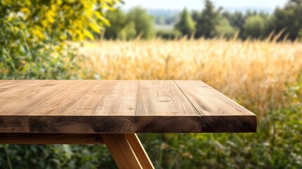 Fototapeta premium Rustic wooden table with natural landscape background and golden wheat field