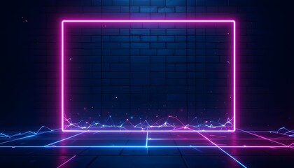 Vibrant Neon Pink and Blue Frame with Glowing Gridlines on a Dark Brick Wall Background 