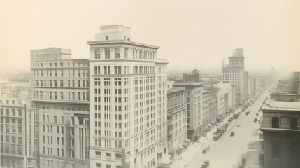 Fototapeta premium Retro Urban Charm: Nostalgic 1920s Cityscape with Skyscrapers, Vintage Cars, and Busy Streets