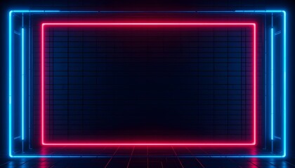 Vibrant Neon Pink and Blue Frame with Glowing Gridlines on a Dark Brick Wall Background 