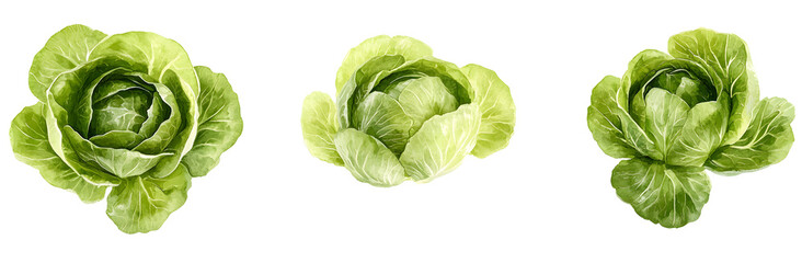 Obraz premium Collection of watercolor cabbages, isolated on white background, vibrant green hues, perfect for design.