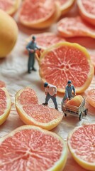 Miniature Workers Pushing Cart Near Fresh Sliced Peach Pieces In Solid Color Background