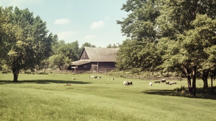 Nostalgic 1920s Family Farm: Kids Playing, Animals Grazing, Rustic Barn in Rural Community Setting