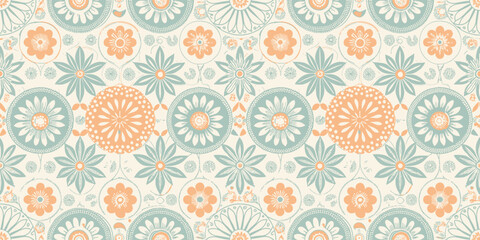 A vibrant floral pattern in soft teal, peach, and cream tones, perfect for textiles or home decor.