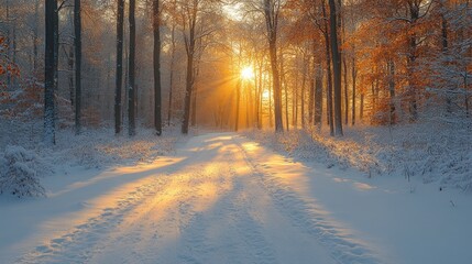 Sunlit path through snowy winter forest at sunrise.