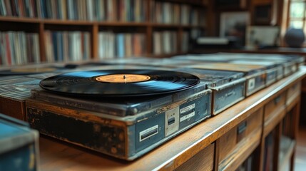 Vintage record player, vinyl, bookshelves, dusty room.