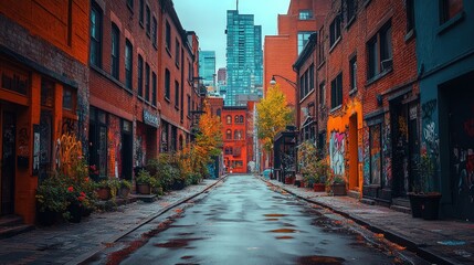 Fototapeta premium Graffitied brick alley, autumn leaves, wet street.