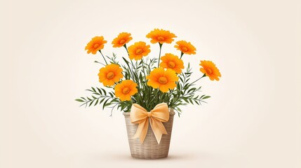 A cute   design of bright marigold flowers in a beige rattan basket with a cute bow, set on a soft light-colored backdrop, perfect for cheerful floral themes.
