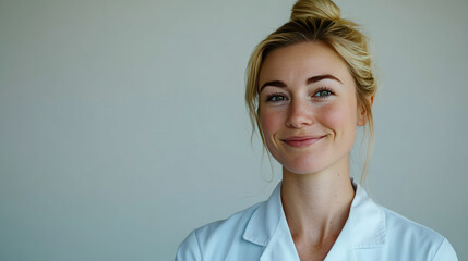 Smiling young caucasian female doctor in white coat posing against neutral background