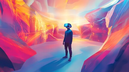 Surreal Virtual Reality Experience in Abstract Colorful Landscape with Person