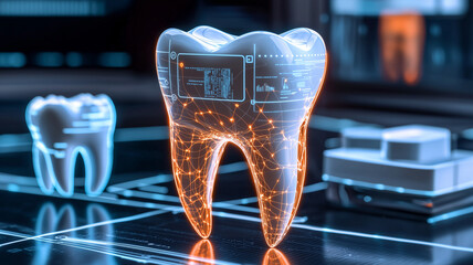 Electronic dental implant and pulse wave glowing between connecting lines. Human organ microchip data circuit code. Medical science of technology futuristic digital innovative health care
