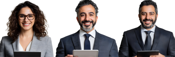 Smiling businesspeople holding tablets, transparent background, isolated on white.