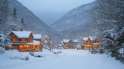 Snow-covered village nestled in a mountain valley at twilight.