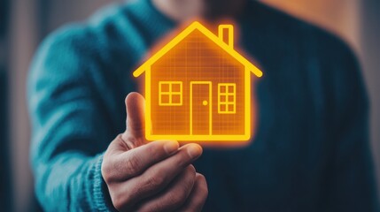 Person Holding Digital House Icon in Modern Home Environment