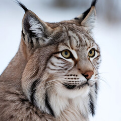 Obraz premium A close-up stock image of a lynx's face, isolated on a white background. The lynx has piercing yellow eyes and a fluffy grey fur. The lynx is looking to the right. The lighting is soft.