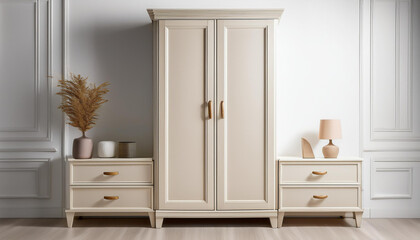 Fototapeta premium wardrobe and cabinet set in beige color tone on white wall with molding