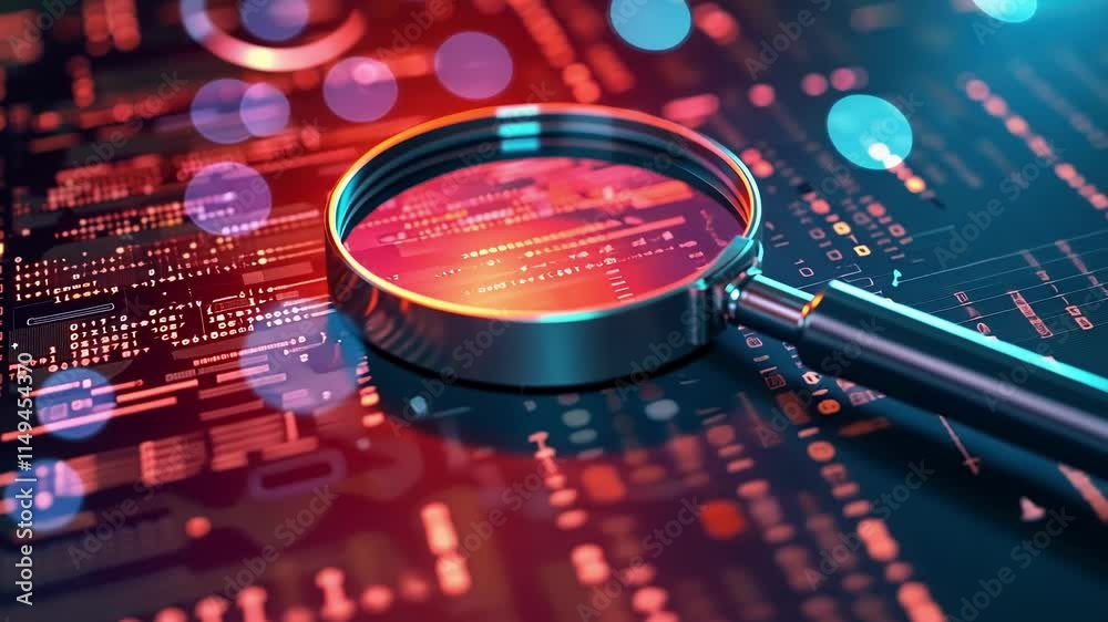 Poster magnifying glass examining binary code on a circuit board, symbolizing big data analysis and the sea