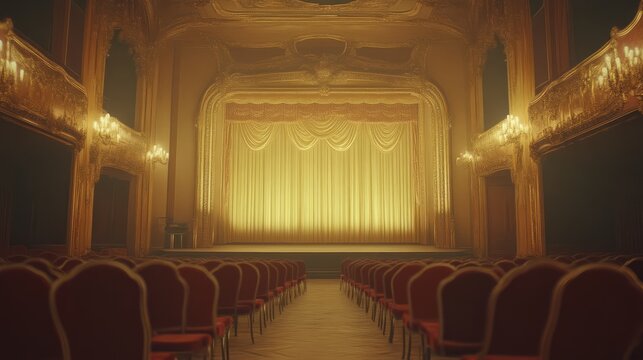 Elegant 1920s Theater Interior with Red Velvet Seats, Golden Curtains, and Patrons in Formal Attire