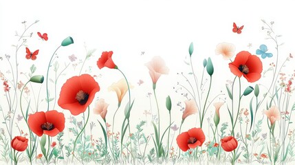 Naklejka premium Charming illustration of a garden with red poppies and colorful gladiolus, designed in a clean and modern style, ideal for floral-themed graphics.