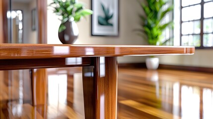 Fototapeta premium Elegant Wooden Table with Glossy Finish in Bright Modern Interior Space