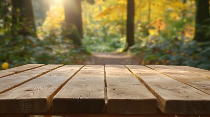 Tranquil Wooden Table in Forest with Golden Autumn Leaves and Soft Sunlight Glow