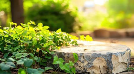 Natural Stone Surrounded by Lush Green Ivy in a Tranquil Garden Setting