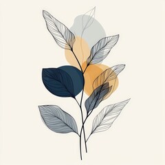 Contemporary botanical  art showcasing linear foliage drawings intertwined with soft abstract shapes, emphasizing simplicity