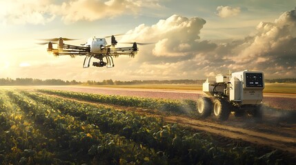 Fototapeta premium Aerial View of Advanced Agricultural Drone and Autonomous Farming Vehicle in Field