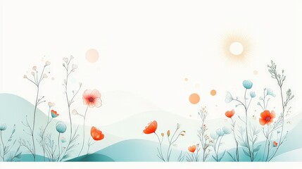 Desert landscape with wildflowers in soft hues, featuring a minimalist design with stylized sunbursts in the sky, evoking a serene and peaceful atmosphere.