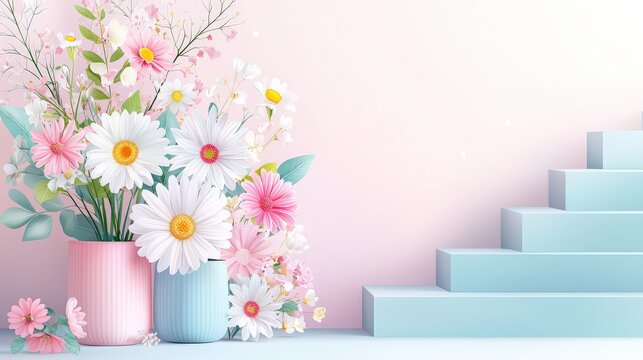 Elegant   design of cute flower pots in a flower garden near a house, with a charming staircase in the backgrounds, perfect for creating peaceful garden vibes.
