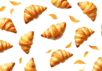 Collection of golden croissants isolated on white background, autumn leaves. Delicious baked pastry pattern.