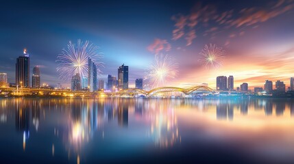 Fototapeta premium Golden and multicolored fireworks light up the night sky, their reflections shimmering on the river at the International Fireworks Festival.