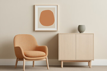 A cozy interior featuring stylish orange chair and minimalist cabinet against soft beige wall. artwork adds modern touch, creating warm and inviting atmosphere