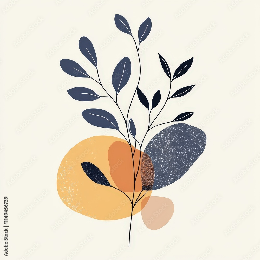 Fototapete Modern botanical wall art  design with minimalistic foliage line drawings overlaid with abstract geometric forms, balanced in composition and displayed on a crisp white backgrounds