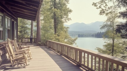 Obraz premium Tranquil 1920s Lakeside Retreat: Vintage Cabin & Family Enjoying Mountain View