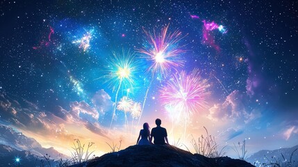 Fototapeta premium Romantic silhouettes of a couple sitting on a hilltop, gazing at dazzling fireworks filling the sky with brilliant colors.